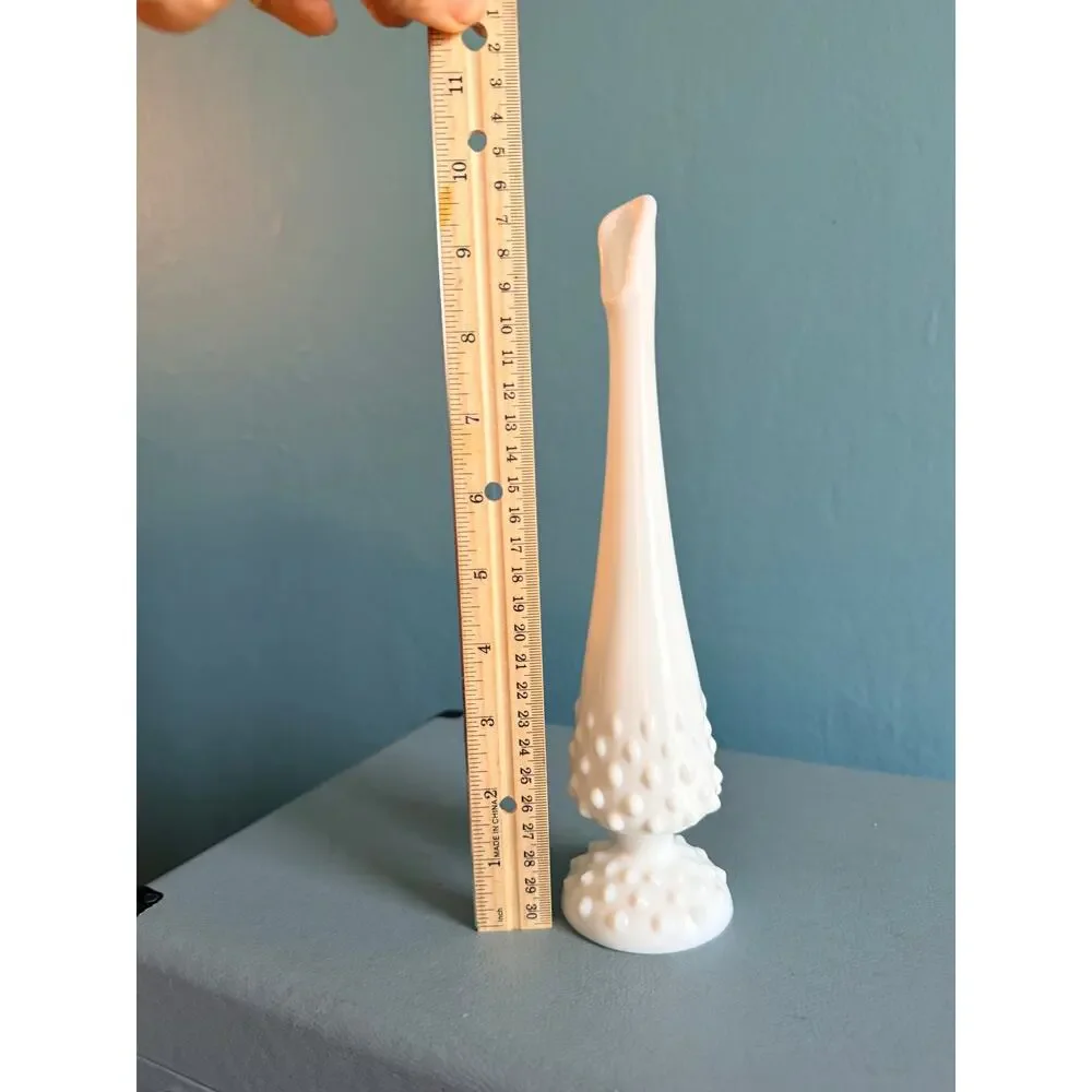 Vintage Fenton White Milk Glass Hobnail Swung Bud Vase MCM Pedestal 9.75